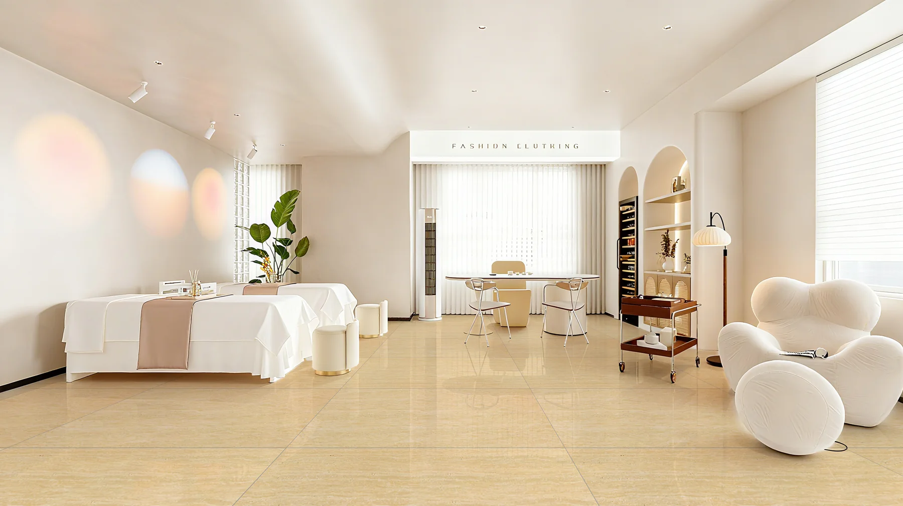 Bright hospitality interior with large-format travertine-look flooring