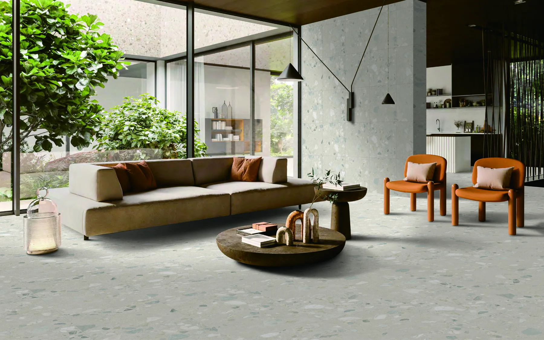 Modern concrete living room with terrazzo-look flooring