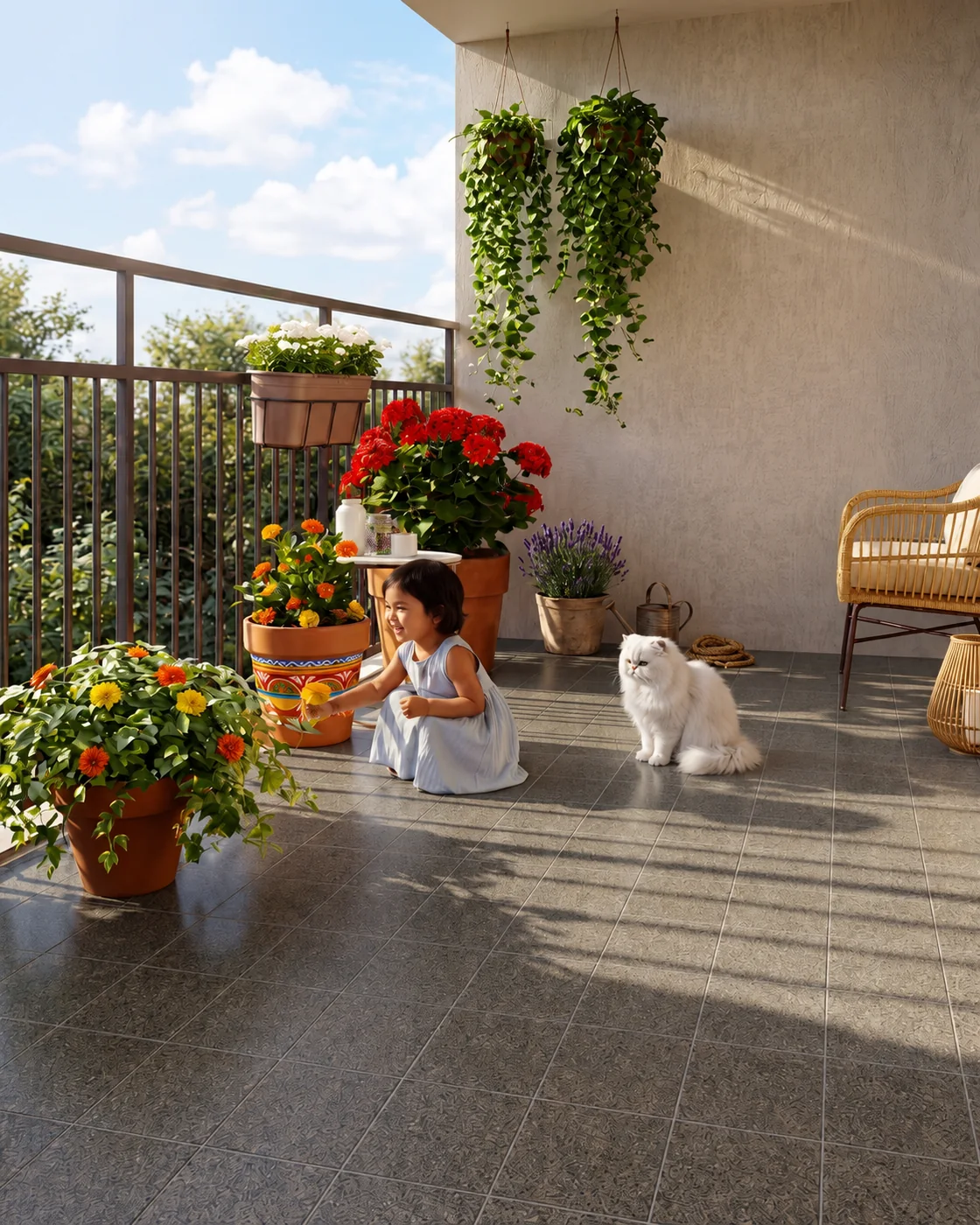Sunlit balcony with textured salt-and-pepper floor tile